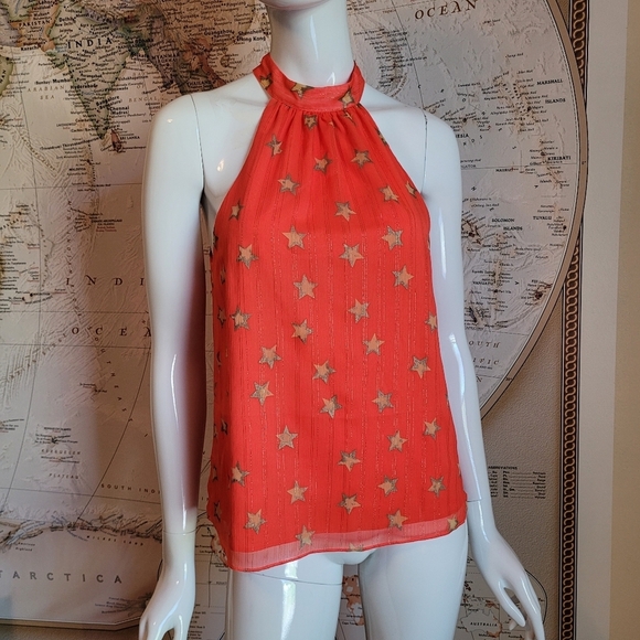JB Julie Brown orange high neck sleeveless blouse back bow star motif feminine S - Picture 1 of 8